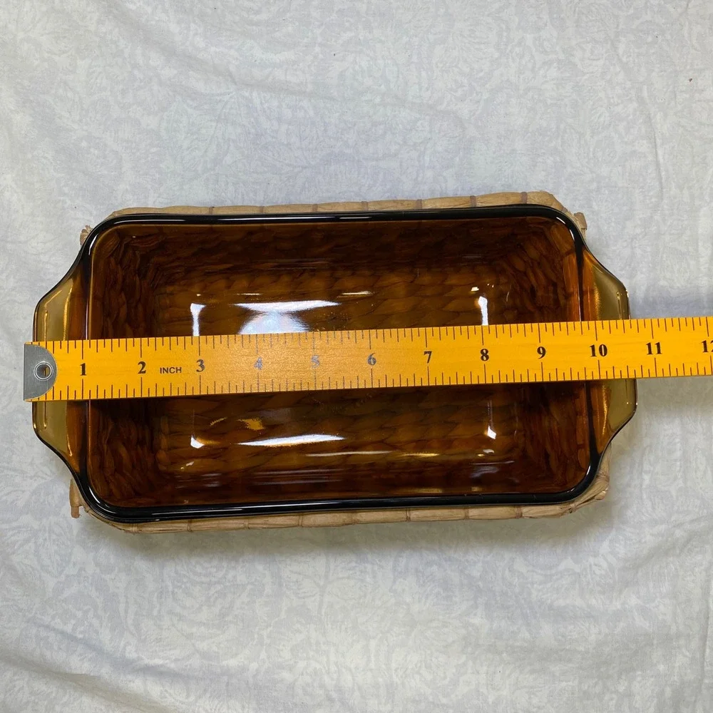 Anchor Hocking 441 Amber Glass Loaf Pan w Woven Basket Cradle 11